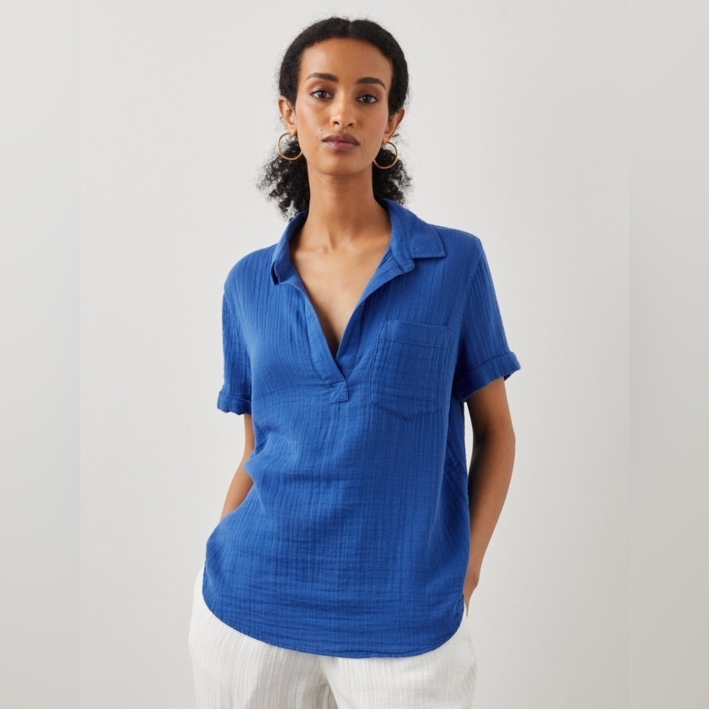 Rails Savannah Shirt Top Linen Blend Cobalt Blue Short Sleeve Tunic Blouse XS